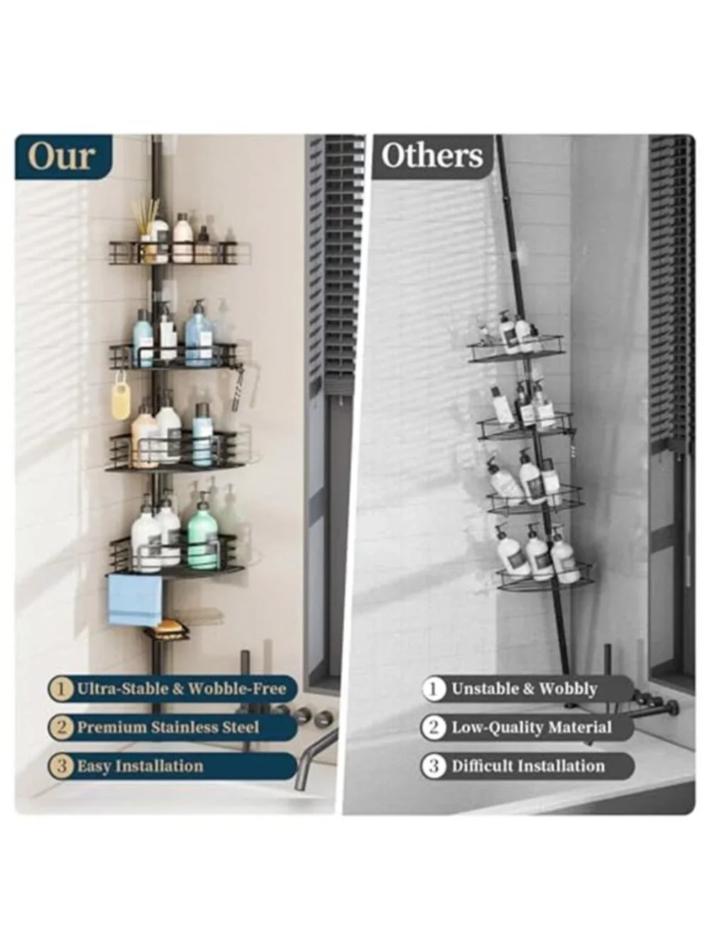 Corner Shower Caddy Tension Pole Adjustable Stainless Steel Bathroom Storage